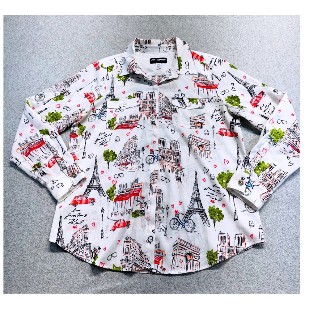 Karl Lagerfeld Paris Blouse Womens M Eiffel Tower Paris Print Button Down Shirt
